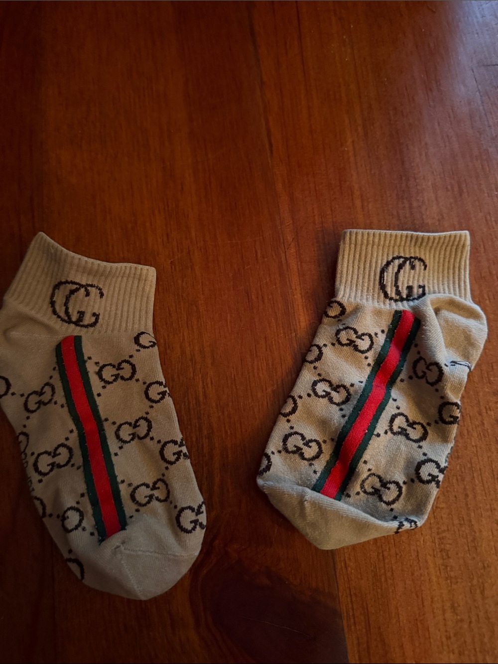 Designer-Inspired Beige Crew Socks with Green-Red Stripe